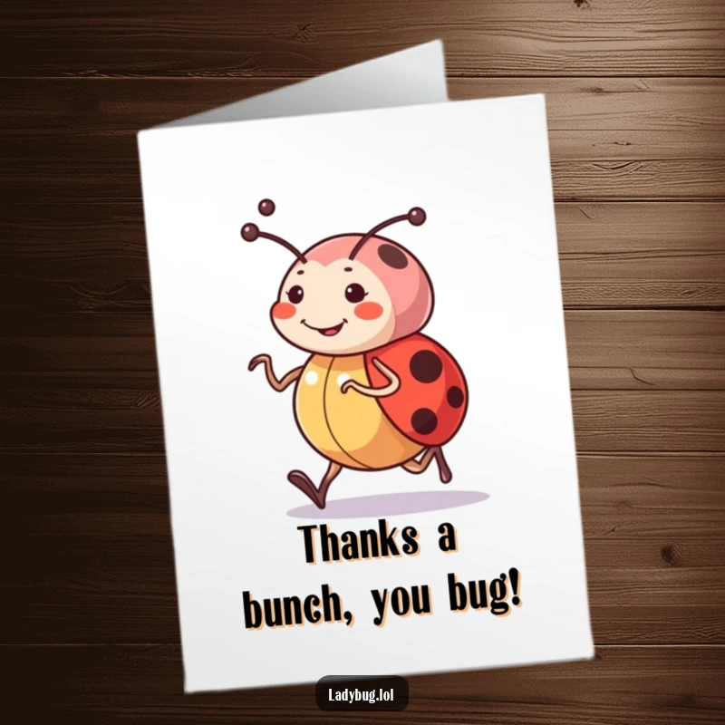 Funny Free Printable Thank You Card: Ladybug character with determined antennae cheerfully jogging, expressing thanks.