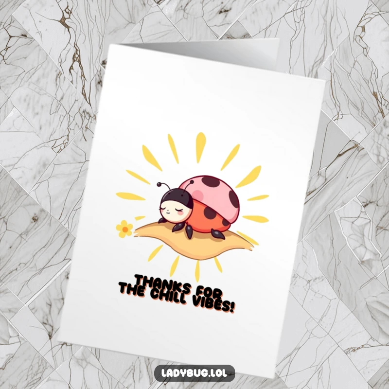 Funny free printable thank you card featuring a charming ladybug character napping contentedly on a stylized sunbeam.