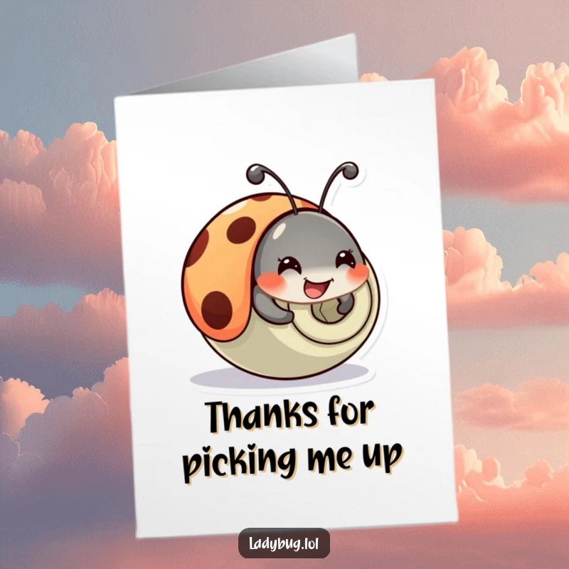 Funny Free Printable Thank You Card: A happy ladybug tumbles hilariously with a roll, showing gratitude.