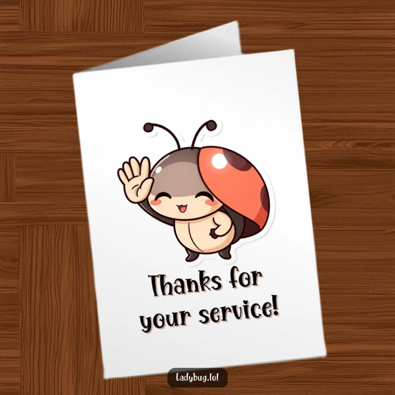 Funny free printable thank you card featuring a delighted ladybug character giving a tiny, appreciative salute.