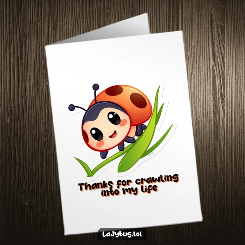 Funny Free Printable Thank You Card: Big-eyed ladybug slides down grass, conveying cheerful thanks.