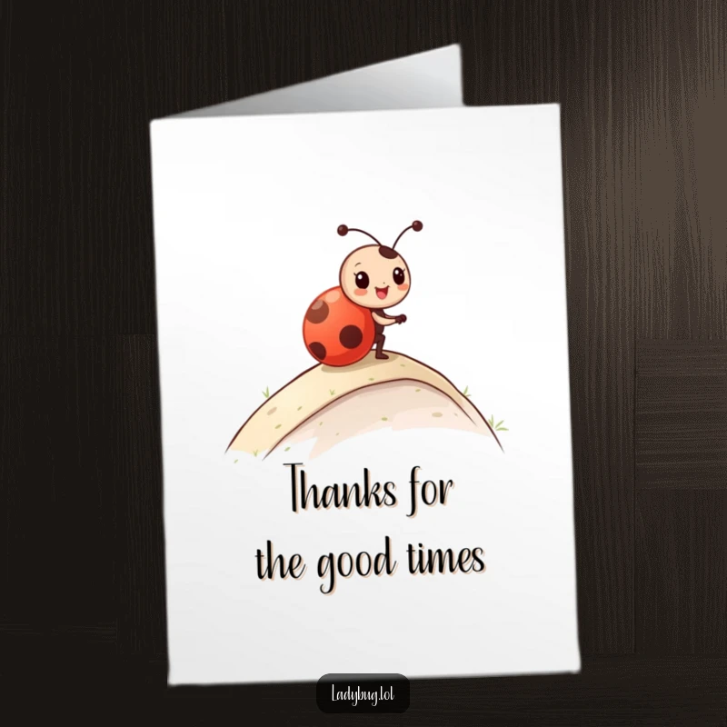 Funny Free Printable Thank You Card showing a happy ladybug rolling down a slope, conveying thanks with glee.