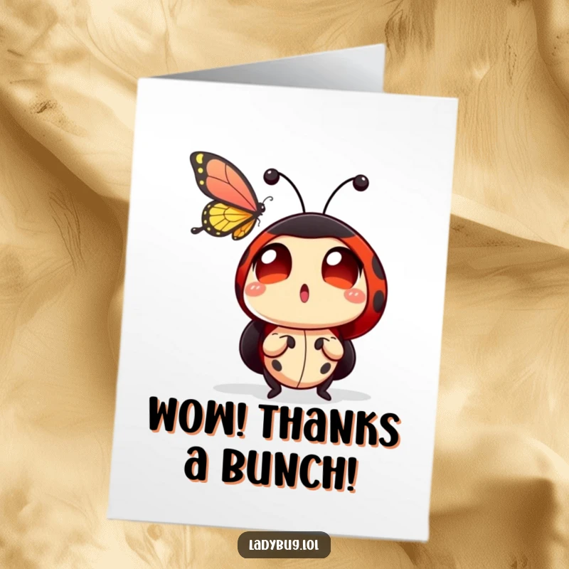 Funny Free Printable Thank You Card: A ladybug with wide, amazed eyes watches a butterfly flutter past, conveying a sweet thank you.