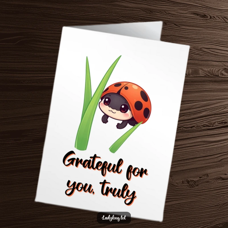 Funny Free Printable Thank You Card: A curious ladybug character peeking out from behind lush green grass, offering a warm thank you.