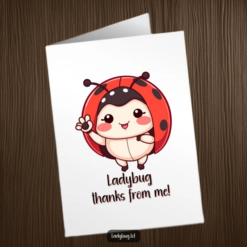 Funny Free Printable Thank You Card: Ladybug character waving one of its small legs politely.