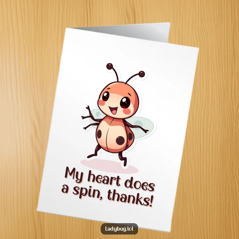 Funny Free Printable Thank You Card: A ladybug character doing a happy spin, radiating thanks.