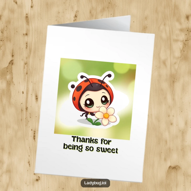 Funny Free Printable Thank You Card: Curious Ladybug looking at a flower, showing appreciation, perfect downloadable gift.