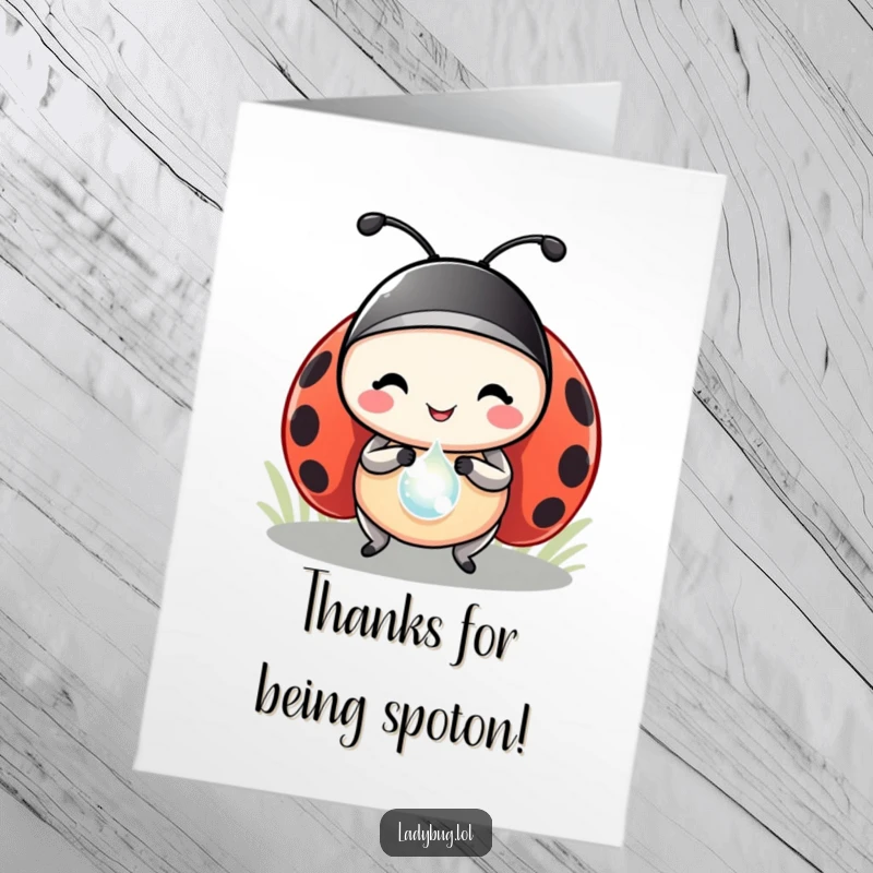 Funny Free Printable Ladybug Thank You Card, a ladybug proudly carries a small dewdrop as a precious prize.
