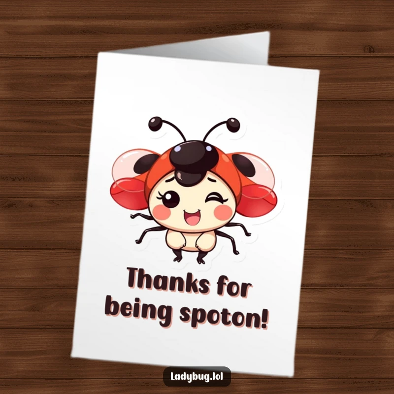 Funny Free Printable ladybug thank you card featuring a joyful character with shiny red wings expressing thanks.