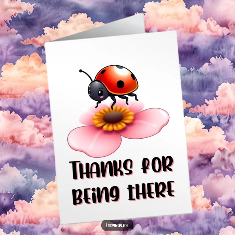 Funny Free Printable ladybug thank you card: a tiny ladybug character balancing on a petal, offering thanks.