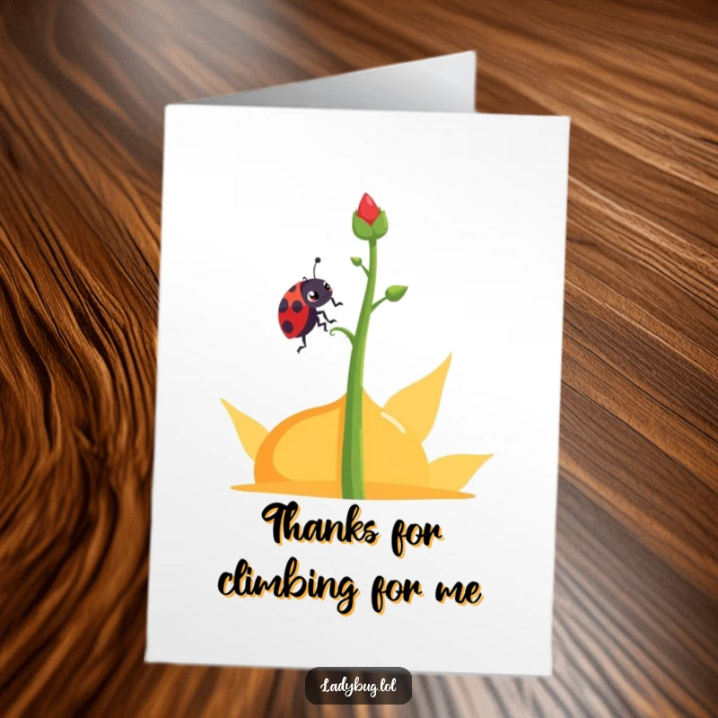 Funny Free Printable Thank You Card: Determined ladybug character climbing an abstract stem, conveying steady and heartfelt gratitude.