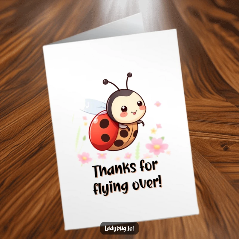 Funny Free Printable Thank You Card: Ladybug character with tiny wings happily zooming through the air, conveying thanks.