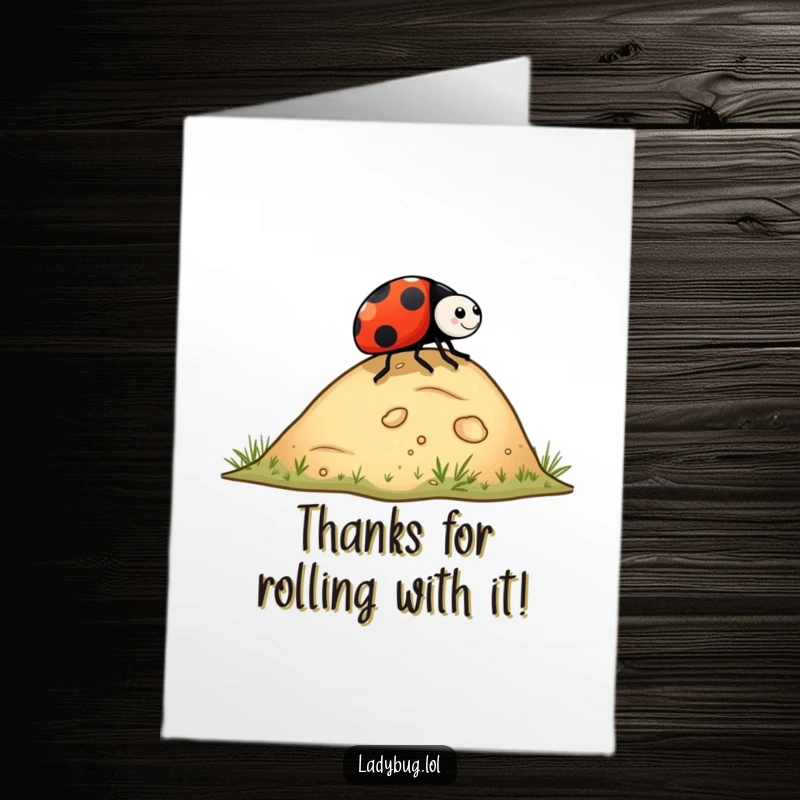 Funny Free Printable Ladybug Thank You Card: Ladybug rolling down a hill, expressing playful gratitude.