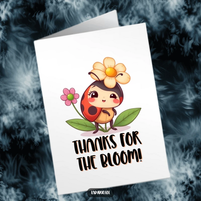 Funny Free Printable thank you card of a ladybug comically sporting a flower as a hat, adding a playful element to your thanks.