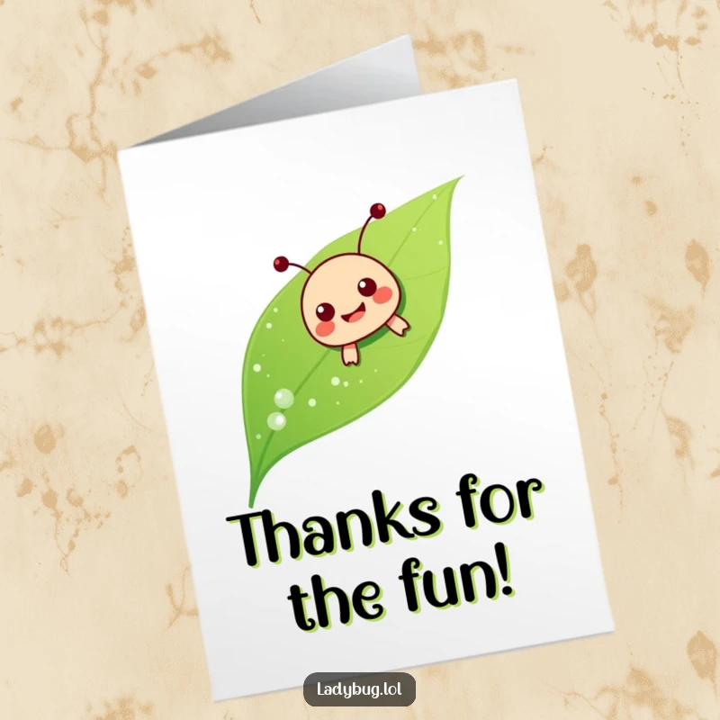 Funny Free Printable Thank You Card: A delighted ladybug character joyfully slides down a dewy leaf, a happy thank you.