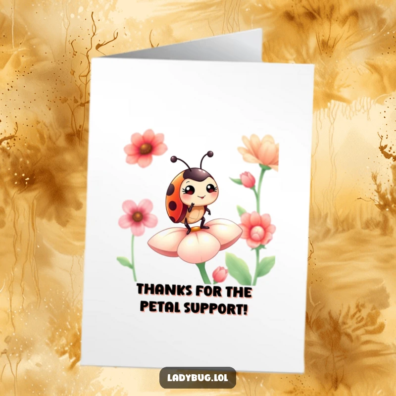 Funny Free Printable Ladybug Thank You Card, a winking ladybug stands proudly on a flower petal, expressing thanks.