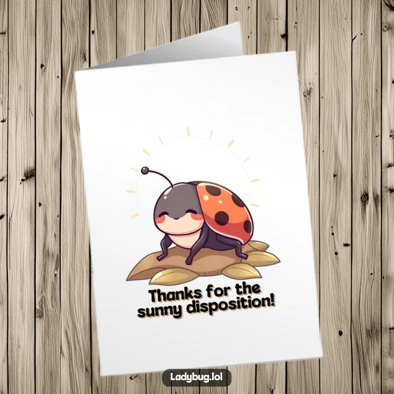 Free Printable ladybug thank you card, a contented insect enjoying a peaceful sunbeam.
