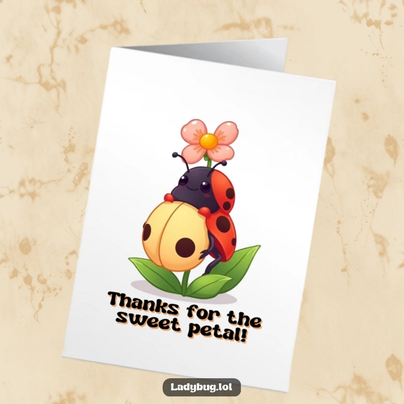 Funny Free Printable Thank You Card: A giggling ladybug balancing a tiny flower petal on its head, showing thanks.