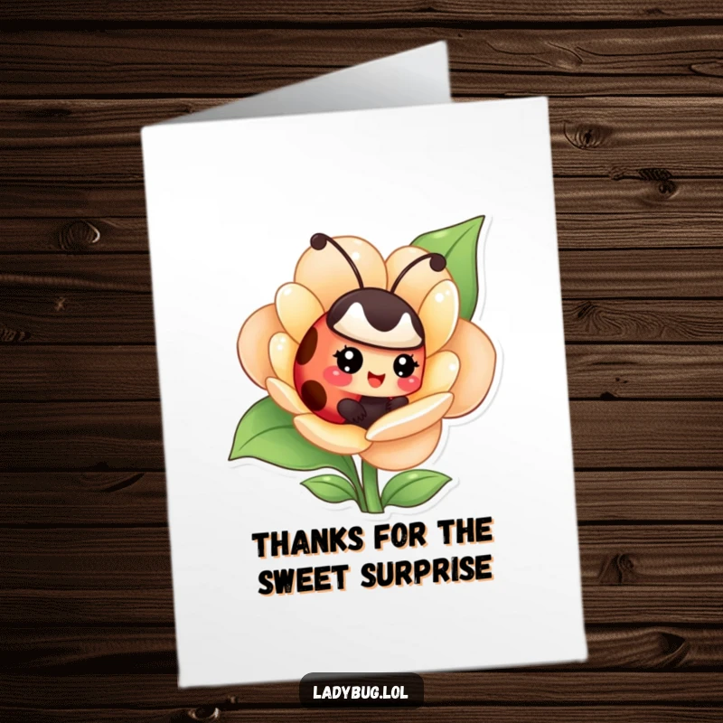 Funny Free Printable ladybug thank you card: a giggling ladybug peeking from a flower, offering a cheerful thank you.