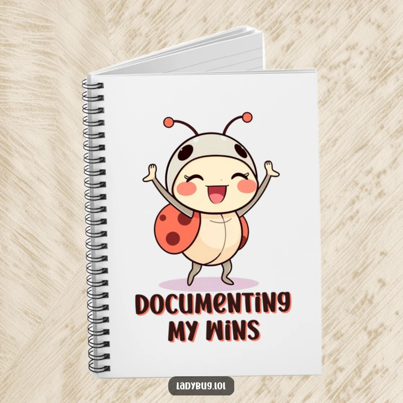 Funny ladybug notebook featuring a delighted insect character doing a triumphant little dance, perfect for creative writing.