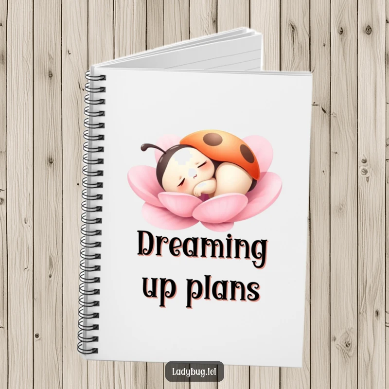 Funny notebook with a ladybug character peacefully sleeping on a petal, perfect for recording calm thoughts and serene ideas.