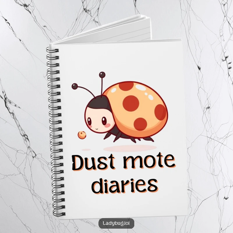 Funny notebook with a blank page, featuring a playful ladybug character enthusiastically chasing a tiny dust mote, inspiring notes.