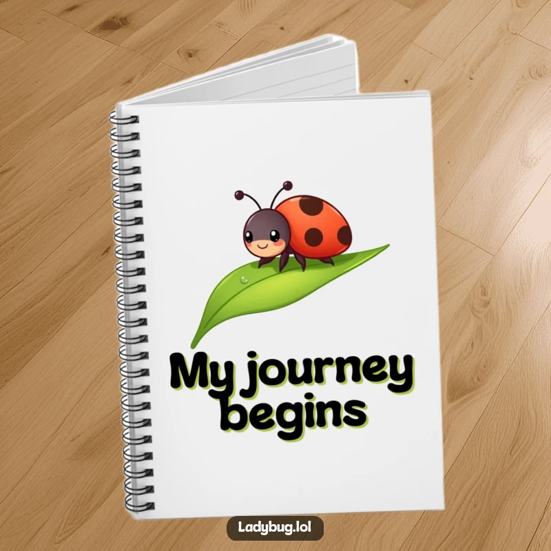 Funny ladybug notebook with a cheerful bug sliding down a dewdropped leaf. Ideal for note-taking and creative thoughts.