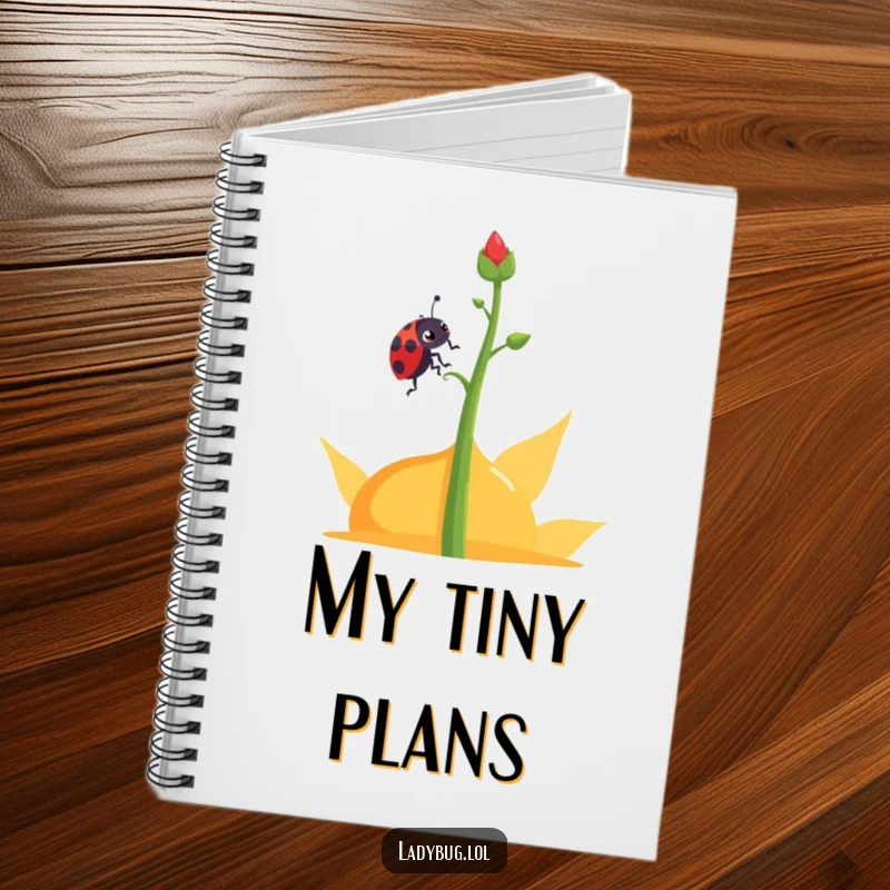 Funny determined ladybug notebook featuring a ladybug character climbing an abstract plant stem, suitable for writing.