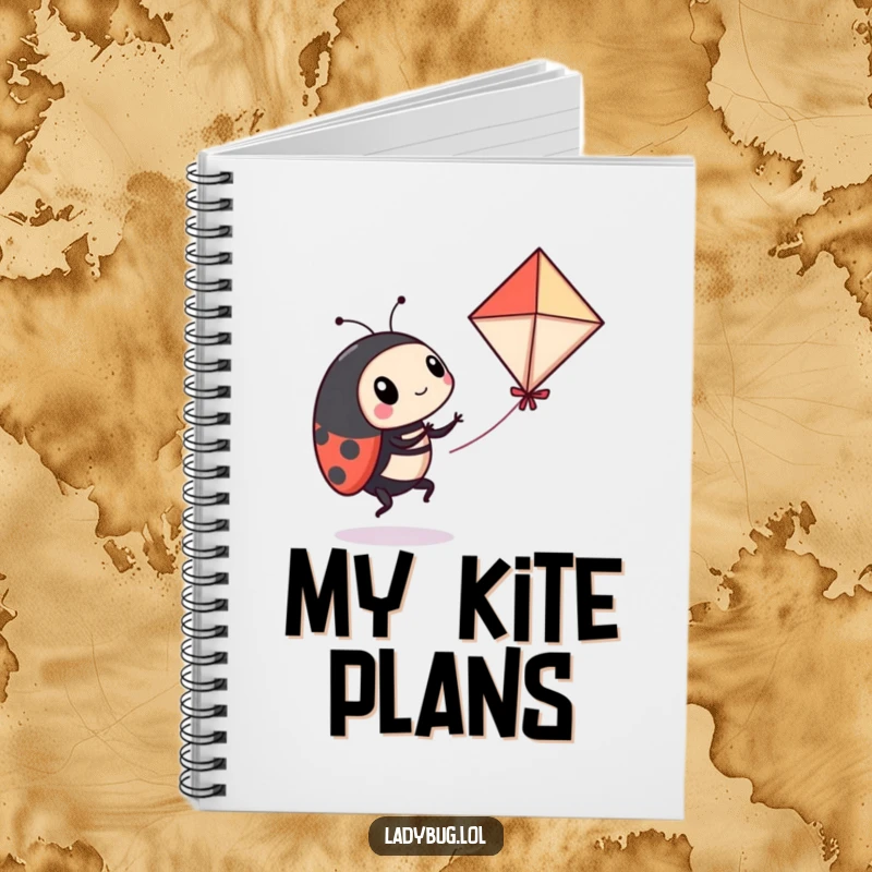 Funny ladybug notebook featuring a playful ladybug comically attempting to fly a miniature kite, ideal for note-taking with humor.