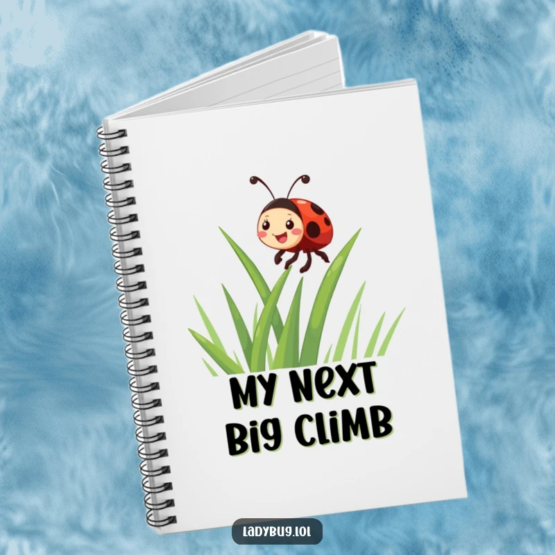 Funny giggling ladybug character enthusiastically climbing a blade of grass, featured on a humorous notebook for note-taking fun.