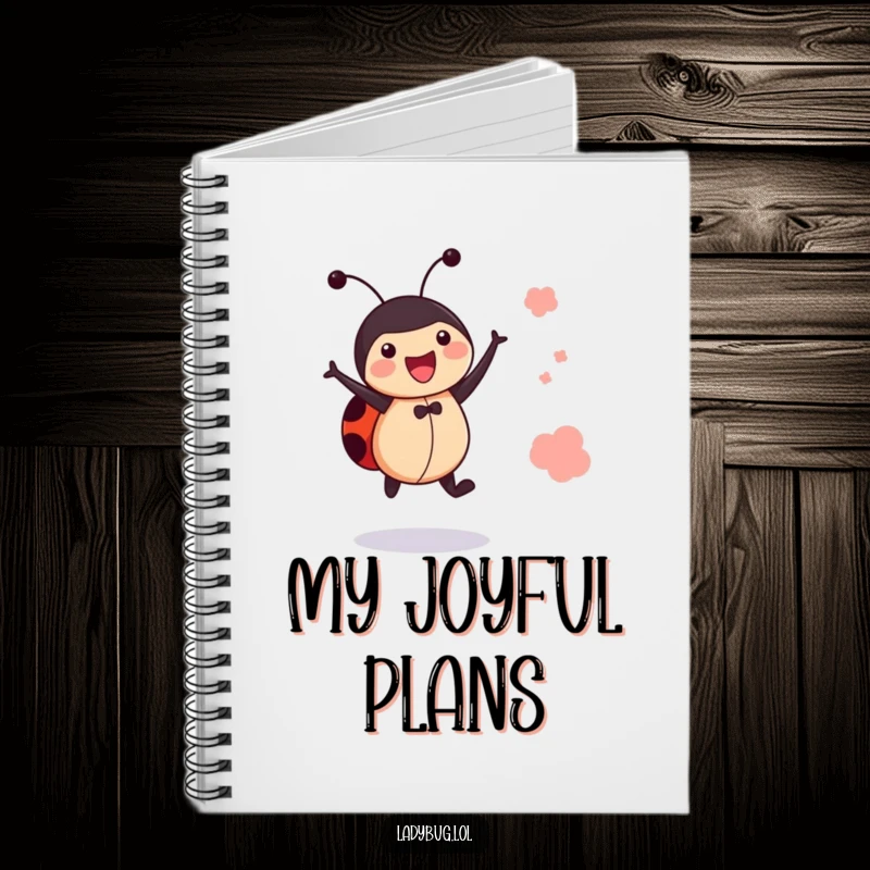 Funny jumping ladybug notebook, depicting a bug leaping, ideal for jotting down ideas and celebrating successes.
