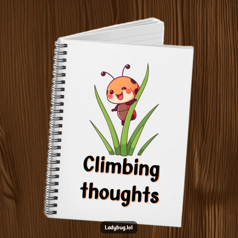 Funny notebook featuring a joyful ladybug character happily climbing a tall blade of grass, perfect for recording big ideas.
