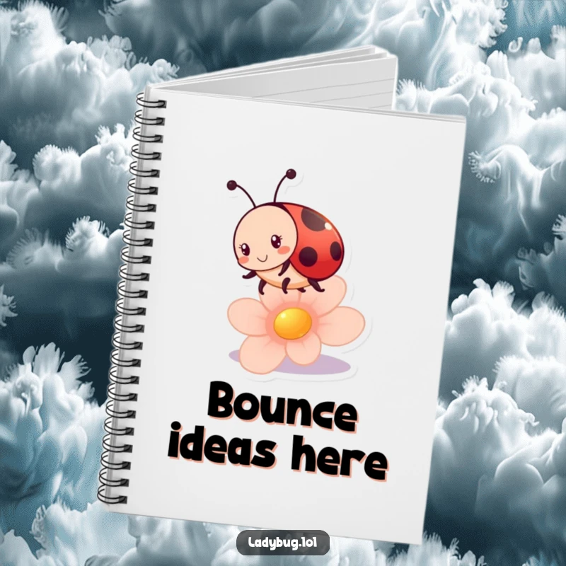 Funny ladybug notebook with a playful ladybug character bouncing on a flower petal, inspiring creativity and joy.