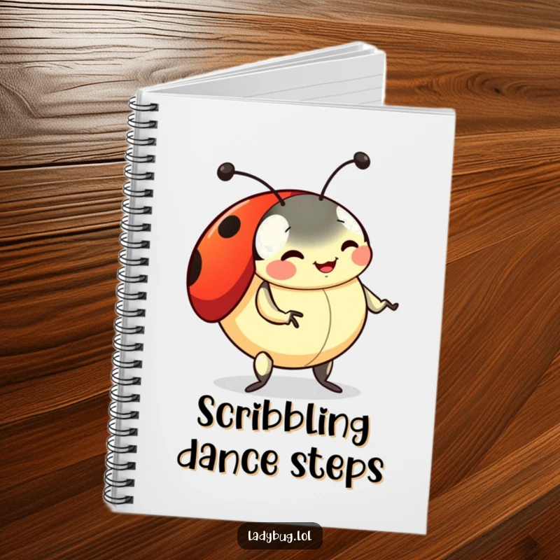 Funny ladybug notebook with a playful ladybug doing a silly dance with wiggling antennae, perfect for humorous note-taking.