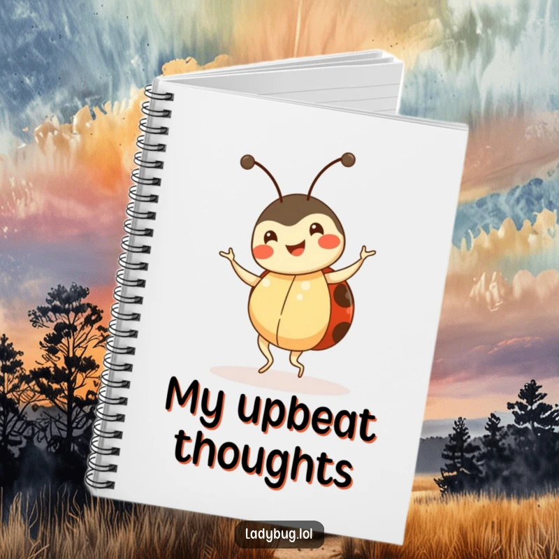 Funny ladybug notebook, happy insect character doing a little dance, lined pages, humorous stationery.