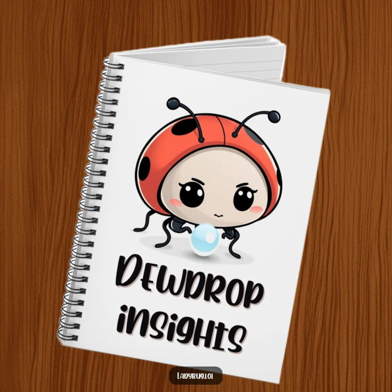 Funny notebook featuring a determined ladybug character intently examining a dewdrop, ready to capture brilliant ideas.