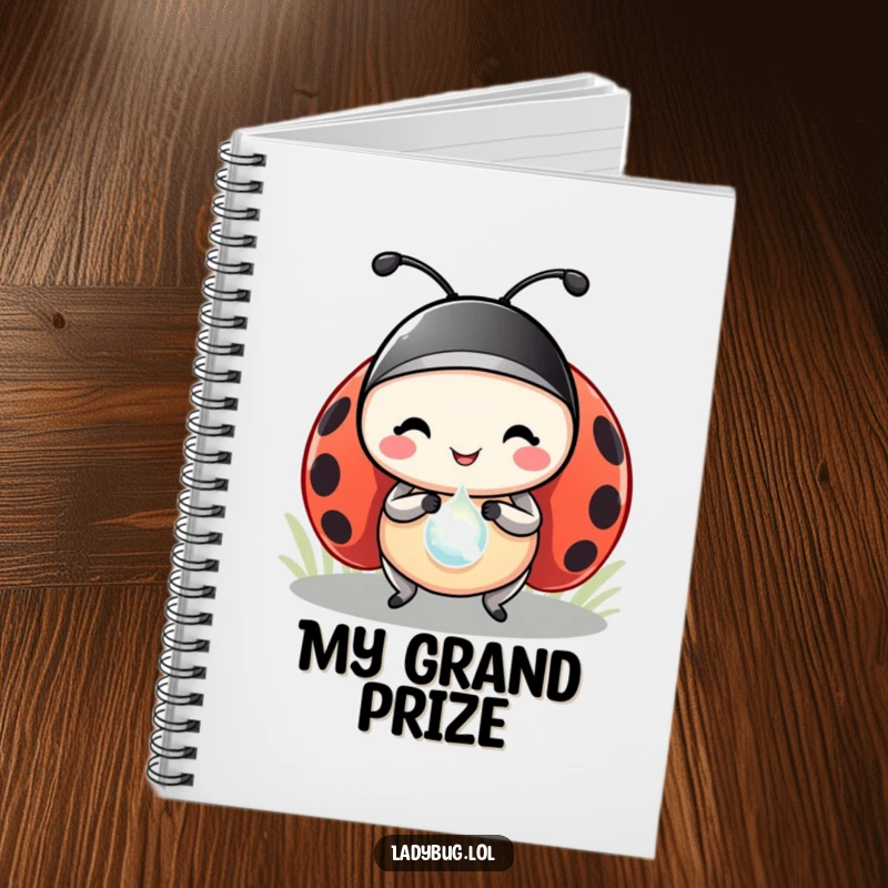 Funny ladybug notebook featuring a happy ladybug protagonist carrying a sparkling dewdrop as a prize, ideal for note-taking.