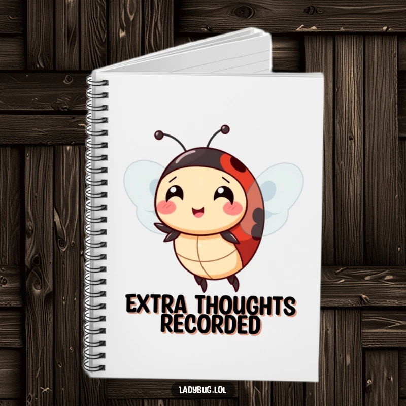 Funny ladybug extra wings notebook, the character comically attempting to fly with extra wings, ready to capture ambitious thoughts.