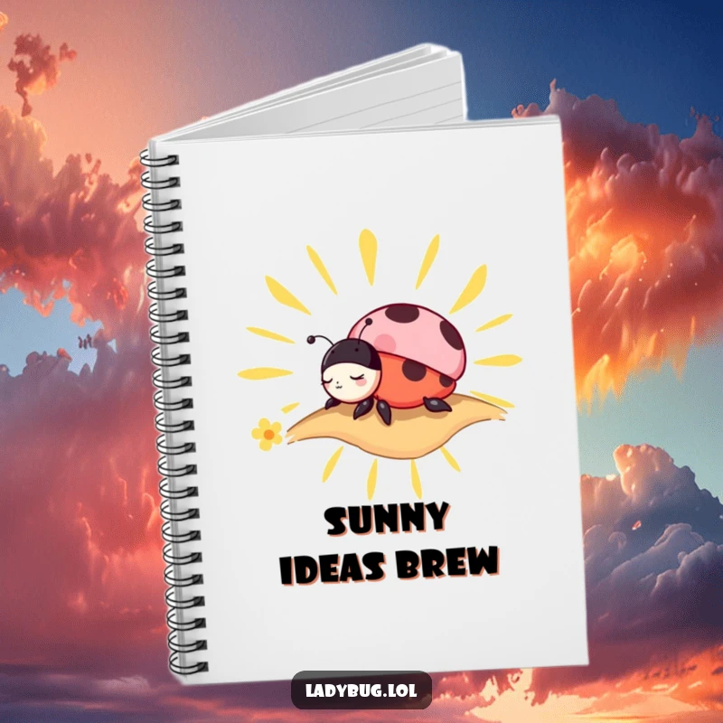 Funny Notebook: Charming ladybug character napping peacefully on a stylized sunbeam, perfect for note-taking.