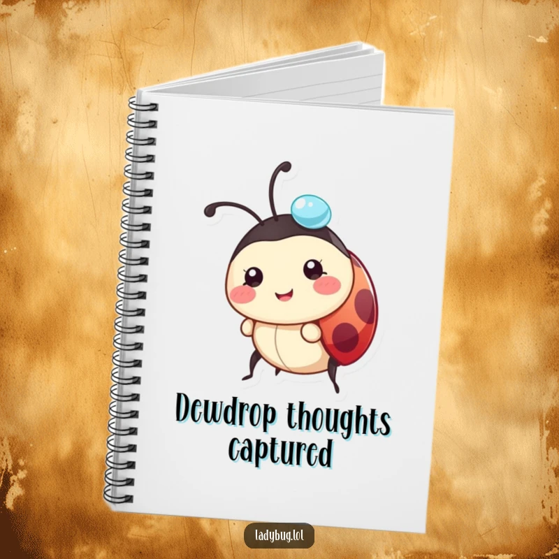Funny ladybug notebook with a happy character carrying a dewdrop on its head, perfect for writing.