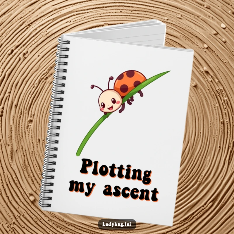 Funny ladybug notebook featuring an enthusiastic insect character crawling up a tall blade of grass, perfect for journaling.