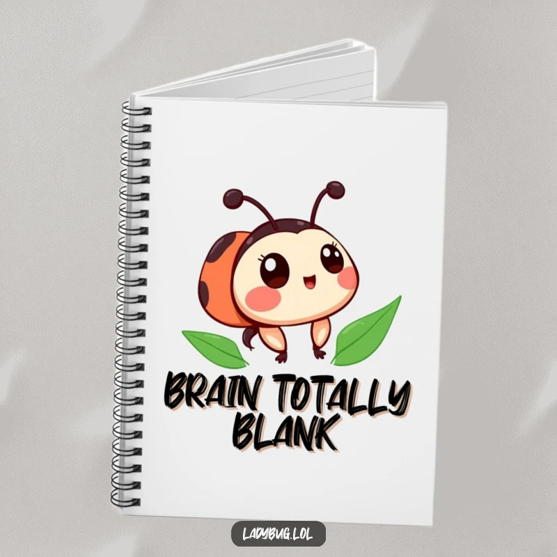 Funny ladybug notebook featuring a cute character with slightly askew spots, looking surprised, ideal for journaling and note-taking.
