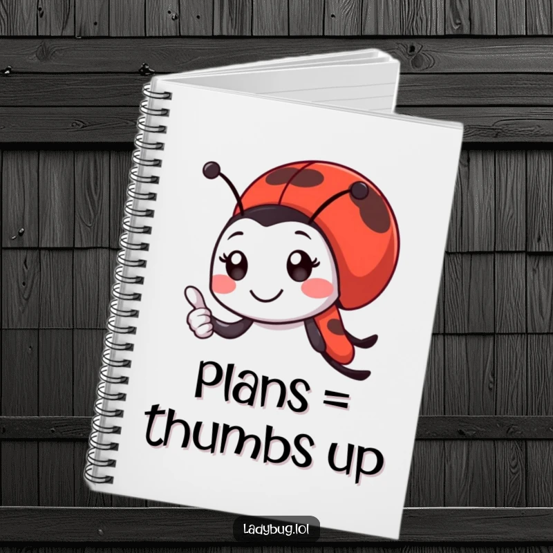 Funny ladybug notebook featuring a smiling ladybug character giving a tiny, enthusiastic thumbs-up, ideal for journaling.