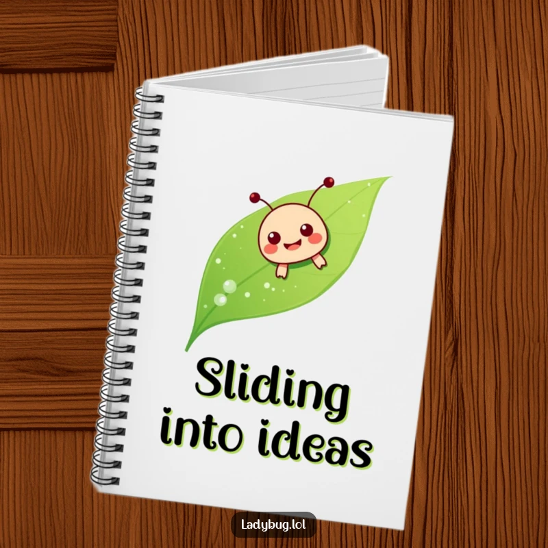Funny ladybug sliding notebook, the character joyfully sliding down a dewy leaf, ready to capture fun thoughts.