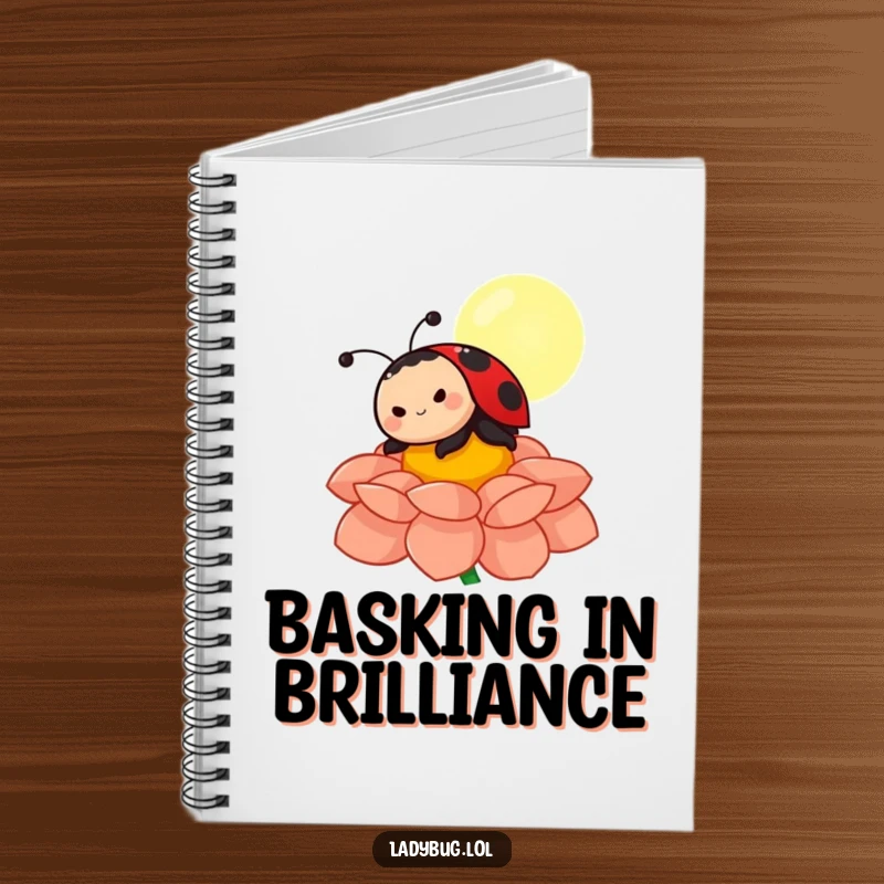 Funny ladybug notebook with a joyful character sunbathing on a flower petal, ideal for taking notes with a touch of sunny humor.