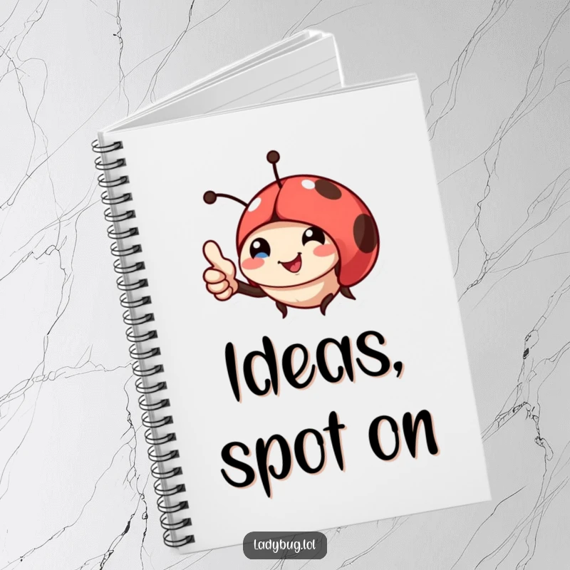 Funny notebook with a smiling ladybug giving a thumbs up, perfect for writing notes and creative ideas.
