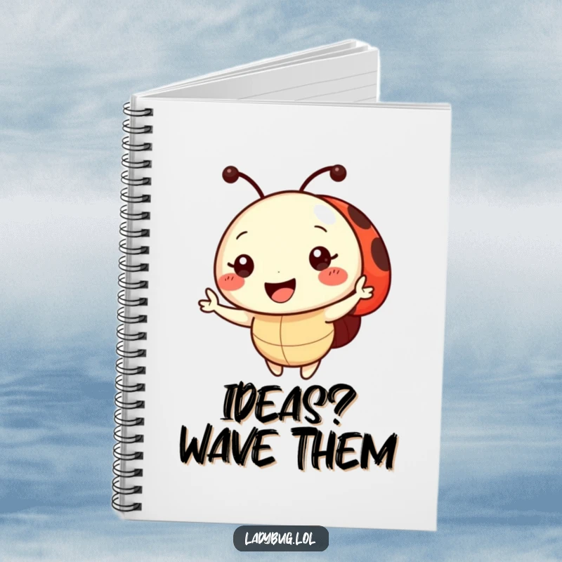 Funny Notebook with a cover illustration of a cute ladybug character radiating a smile and offering a friendly wave, ready for notes.