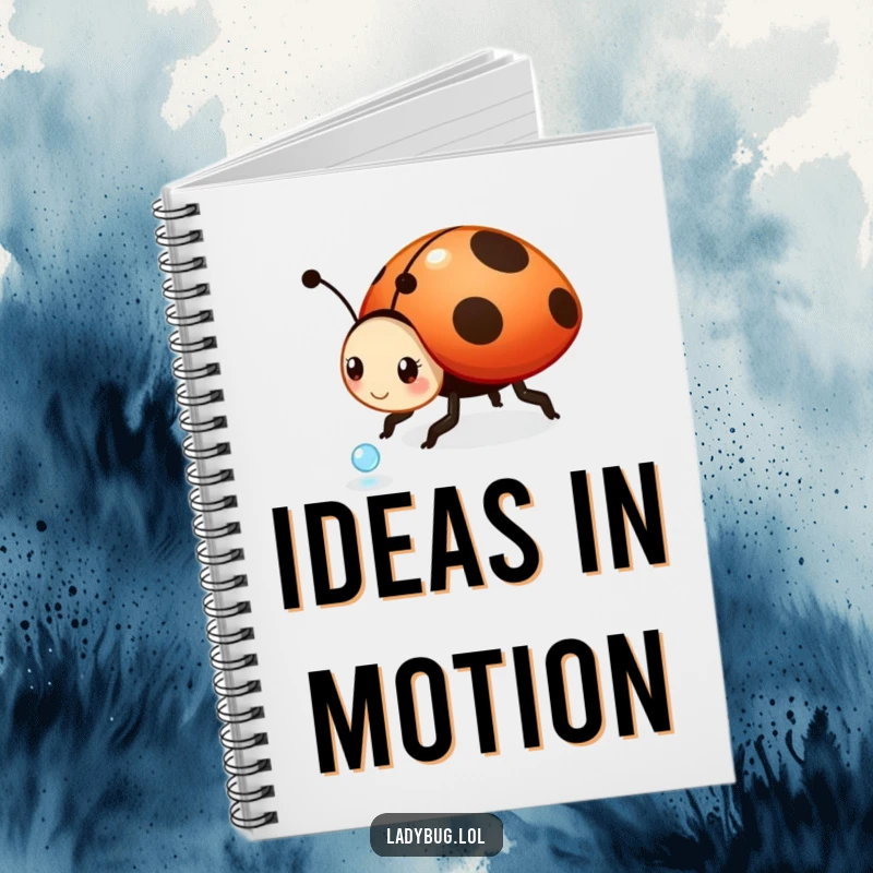 Funny ladybug notebook: a playful ladybug character rolling a tiny dewdrop, designed for capturing whimsical thoughts and creative inspiration.