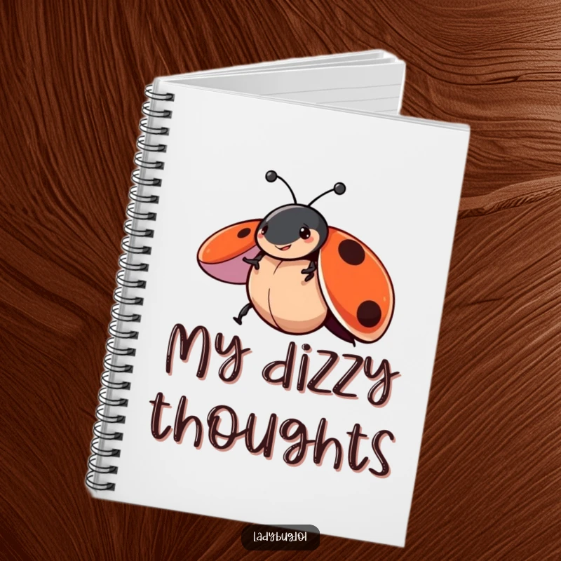 Funny notebook with a ladybug character joyfully spinning with wings open, perfect for capturing playful thoughts and creative ideas.