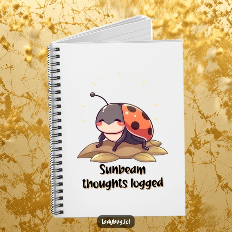 Funny notebook with a content ladybug basking in a sunbeam, perfect for journaling and creative writing.